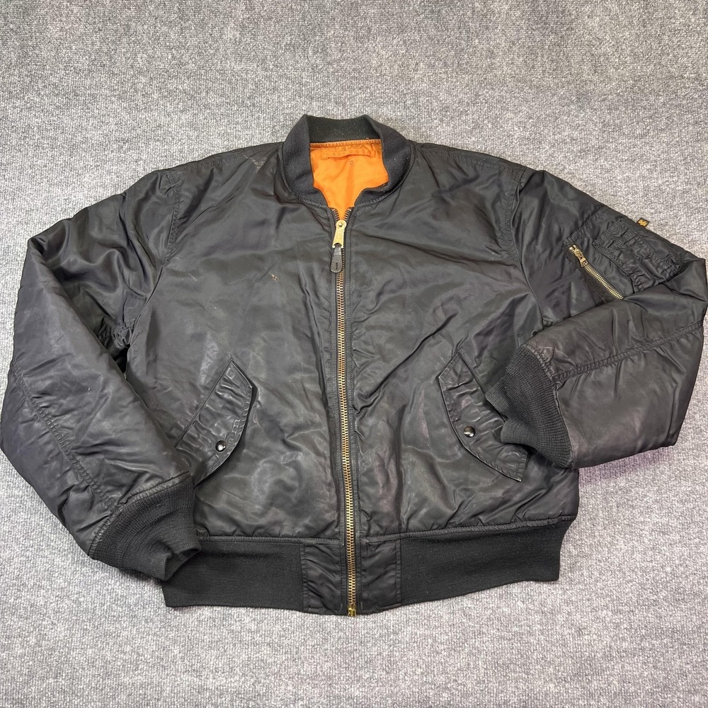 VTG Alpha Industries Flight Bomber Jacket Men Large Black Orange Reversible MA-1